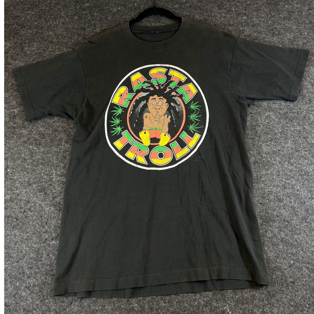 VINTAGE 90s Rasta Troll Dolls Parody T Shirt Mens Large Black 420 Tee Funny USA